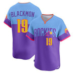 Colorado Rockies #19 Charlie Blackmon Player Purple-Light Blue Fotopoulosg City Connect Limited Home T-shirt Stitched Jerseys