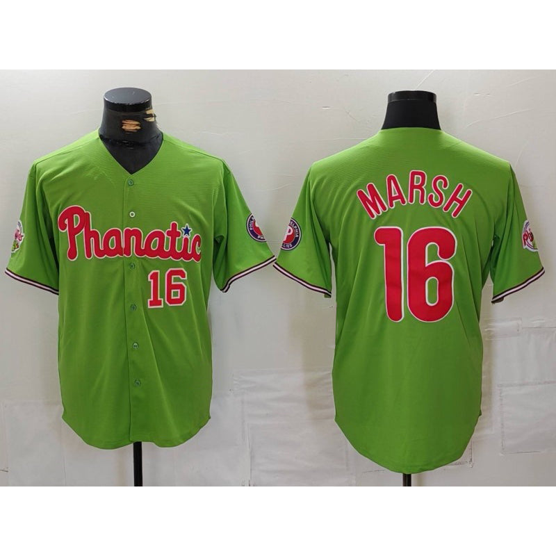 Philadelphia Phillies #16 Brandon Marsh Number Green Fotopoulosg With Patch Stitched Cool Base Jersey