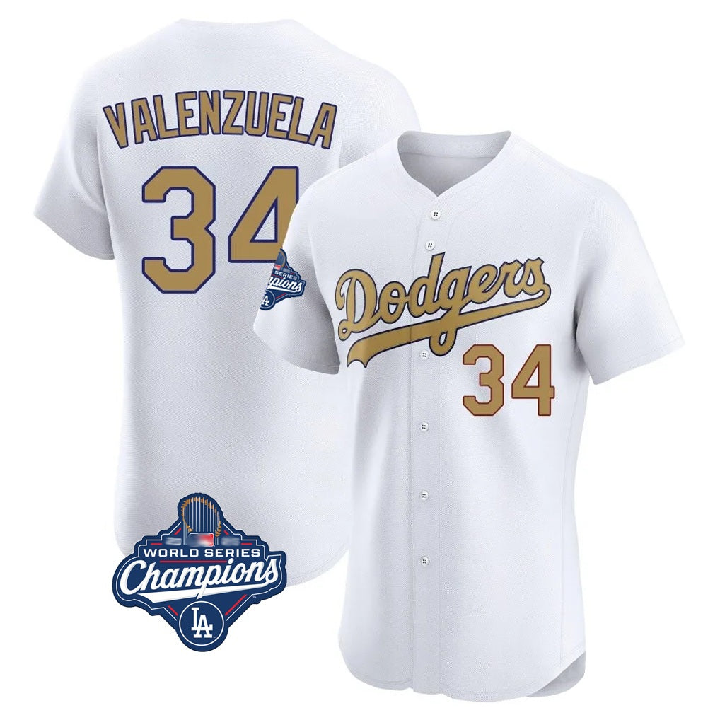 Los Angeles Dodgers #34 Fernando Valenzuela Player White Gold Fotopoulosg World Series Meet Limited Elite Home Stitched Jerseys