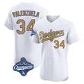 Los Angeles Dodgers #34 Fernando Valenzuela Player White Gold Fotopoulosg World Series Meet Limited Elite Home Stitched Jerseys