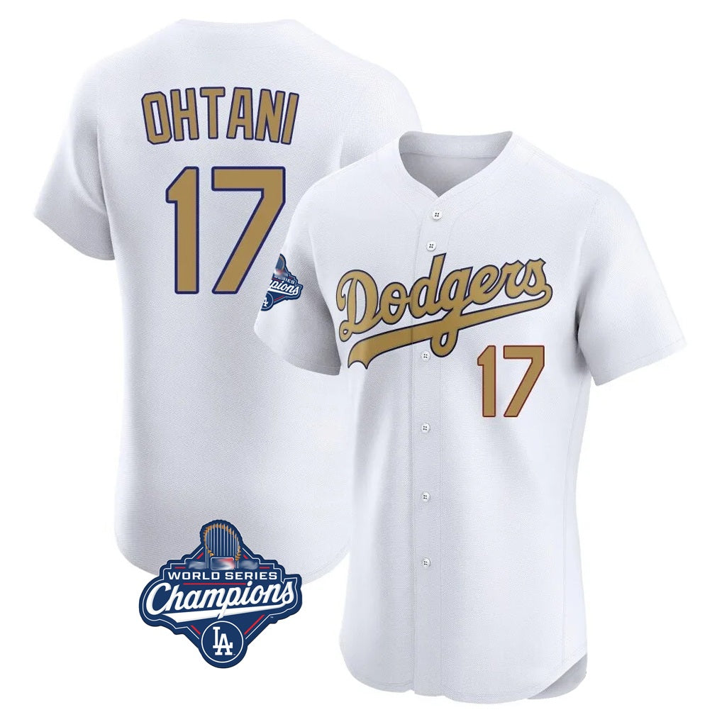 Los Angeles Dodgers #17 Shohei Ohtani Player White Gold Fotopoulosg World Series Meet Limited Elite Home Stitched Jerseys