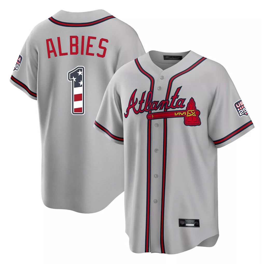 Atlanta Braves #1 Ozzie Albies Player Gray Fotopoulosg USA 250 Fourth Of July Limited Home Game Stitched Jerseys