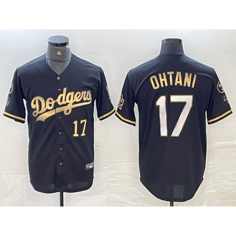 Los Angeles Dodgers #17 Shohei Ohtani Number Black Gold Fotopoulosg Stitched Cool Base Jersey 2
