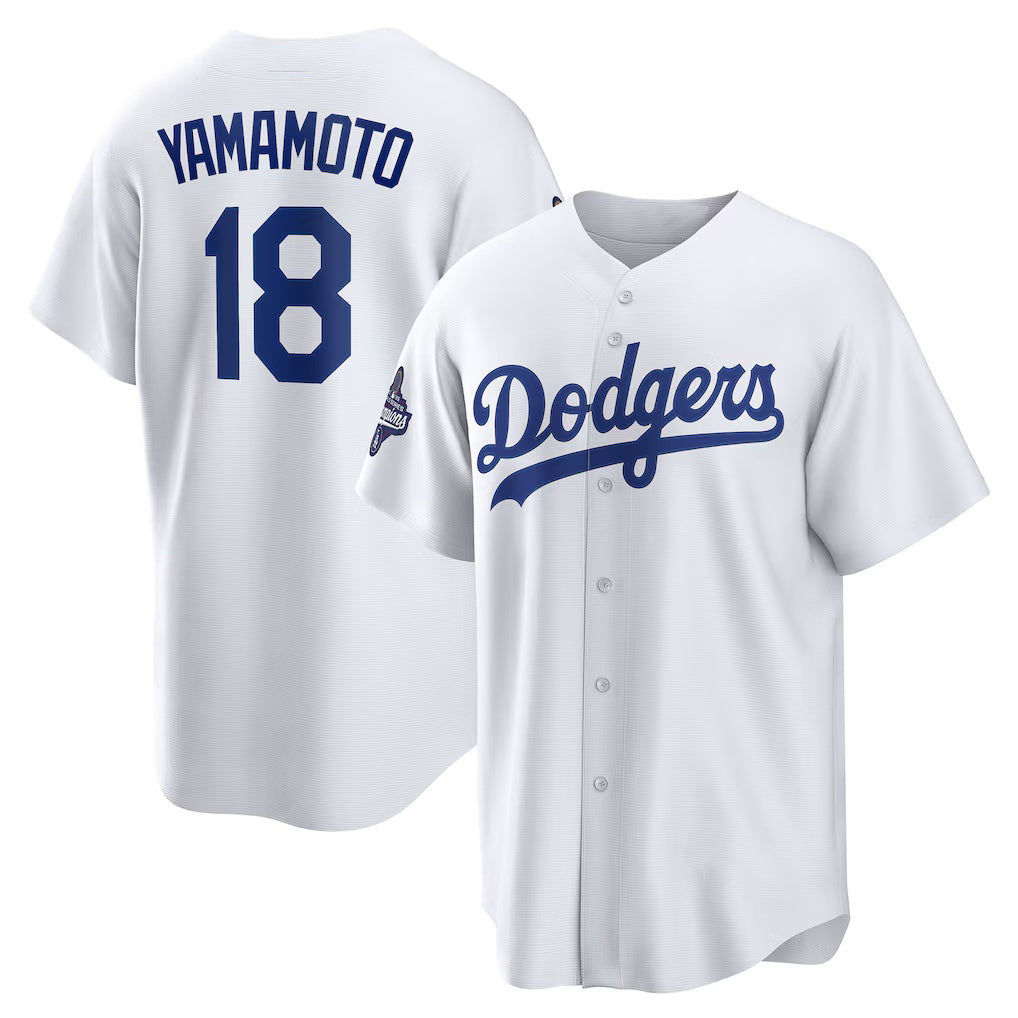 Los Angeles Dodgers #18 Yoshinobu Yamamoto White Fotopoulosg 2025 World Series Champions Home Replica Jersey