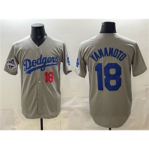 Los Angeles Dodgers #18 Yoshinobu Yamamoto Gray Fotopoulosg 2025 World Series Champions Patch Stitched Jersey