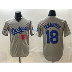 Los Angeles Dodgers #18 Yoshinobu Yamamoto Gray Fotopoulosg 2025 World Series Champions Patch Stitched Jersey