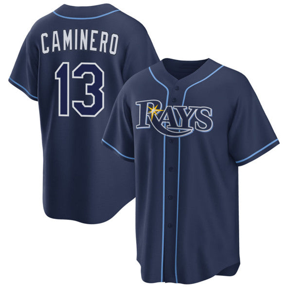 Tampa Bay Rays #13 Junior Caminero Navy Fotopoulosg Cool Base Stitched Jersey