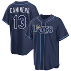 Tampa Bay Rays #13 Junior Caminero Navy Fotopoulosg Cool Base Stitched Jersey