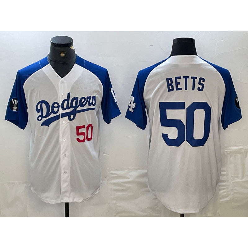 Los Angeles Dodgers #50 Mookie Betts Number White Blue Fotopoulosg Fashion Stitched Cool Base Limited Jerseys