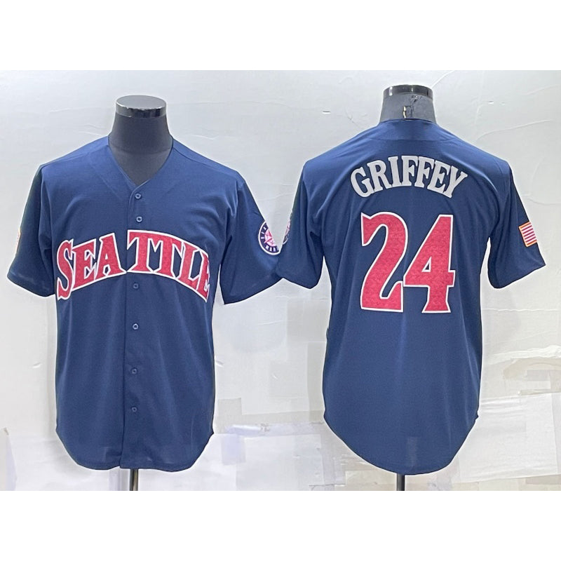 Seattle Mariners #24 Ken Griffey Navy Blue Fotopoulosg Fashion Stars Stripes Cool Base Independence Day Jersey