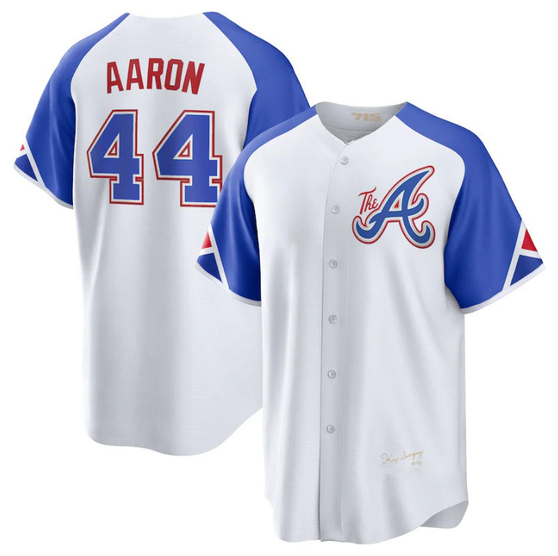 Atlanta Braves #44 Hank Aaron White Fotopoulosg 2023 City Connect Cool Base Stitched Jersey