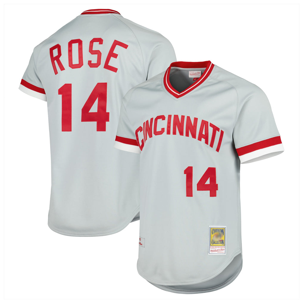 Cincinnati Reds #14 Pete Rose Player Gray Fotopoulosg Mitchell & Ness Throwback Cooperstown Mesh T-shirt Game Stitched Jerseys