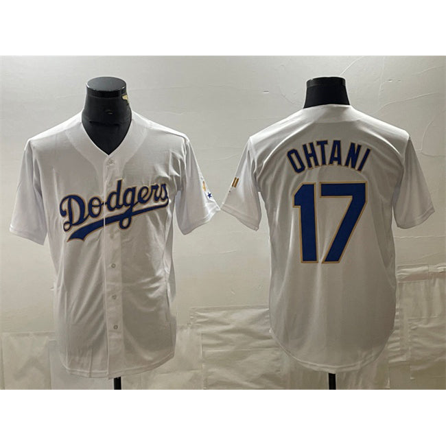 Los Angeles Dodgers #17 Shohei Ohtani White Gold Fotopoulosg Cool Base With Patch Stitched Jersey