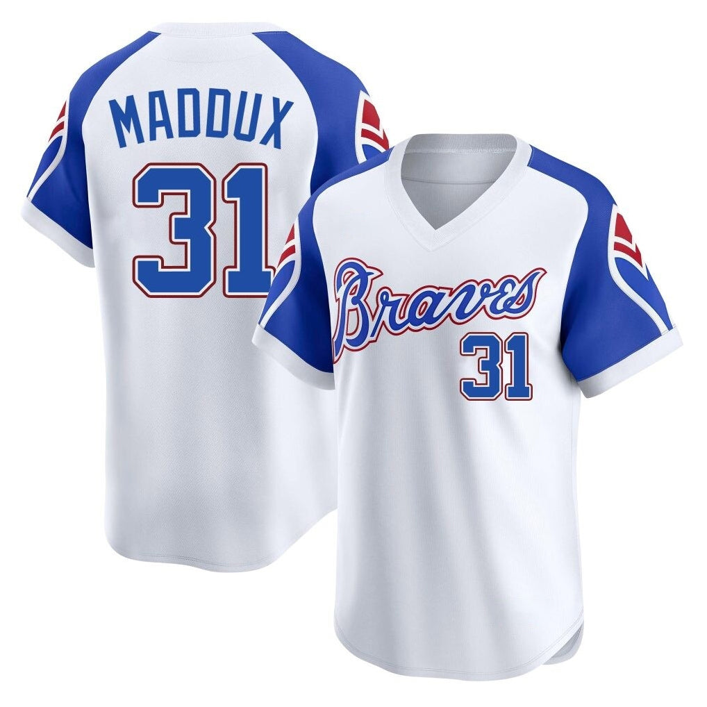 Atlanta Braves #31 Greg Maddux Player White Fotopoulosg Throwback Cooperstown Collection T-shirt Game Stitched Jerseys