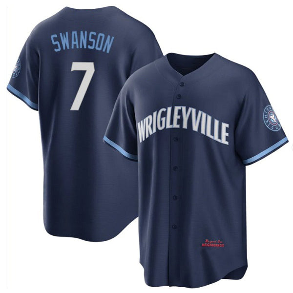 Chicago Cubs #7 Dansby Swanson Navy Fotopoulosg City Connect Cool Base Stitched Jersey