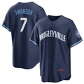 Chicago Cubs #7 Dansby Swanson Navy Fotopoulosg City Connect Cool Base Stitched Jersey