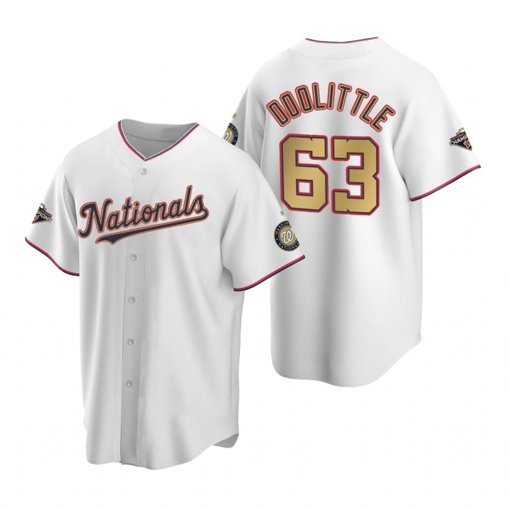 Washington Nationals #63 Sean Doolittle White Gold Fotopoulosg 2019 World Series Champions Stitched Cool Base Jersey
