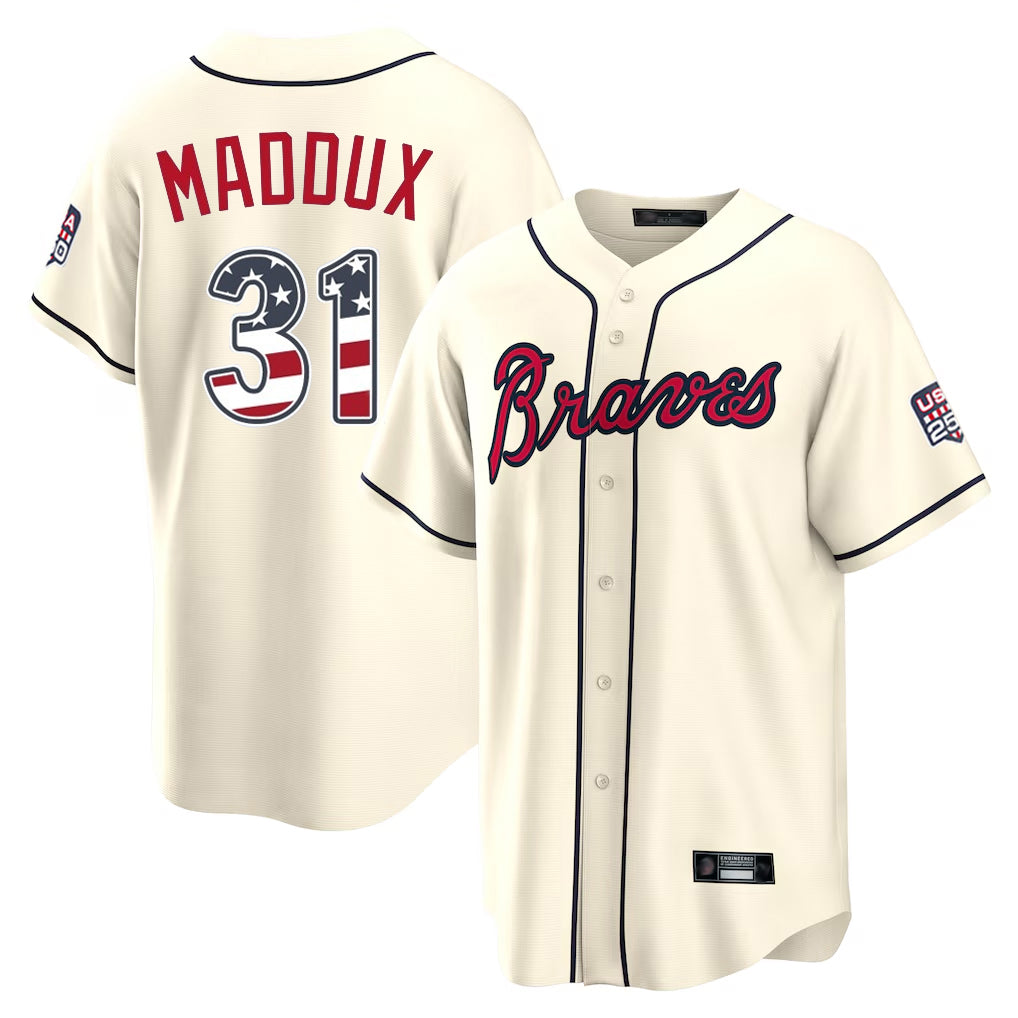 Atlanta Braves #31 Greg Maddux Player Cream Fotopoulosg USA 250 Fourth Of July Limited Home Game Stitched Jerseys