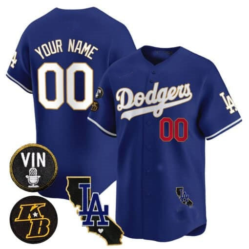 Custom Los Angeles Dodgers Vin Patch & Kobe Bryant Gold Trim Vapor Premier Limited Jersey V2 ¨C Royal Fotopoulosg