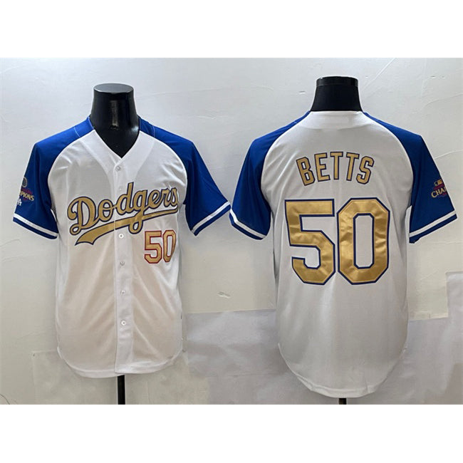 Los Angeles Dodgers #50 Mookie Betts White Royal Gold Fotopoulosg 2024 World Series Champions Vapor Limited Stitched Jersey