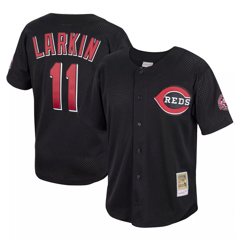 Cincinnati Reds #11 Barry Larkin Player Black Fotopoulosg Mitchell & Ness Throwback Cooperstown Mesh Game Stitched Jerseys