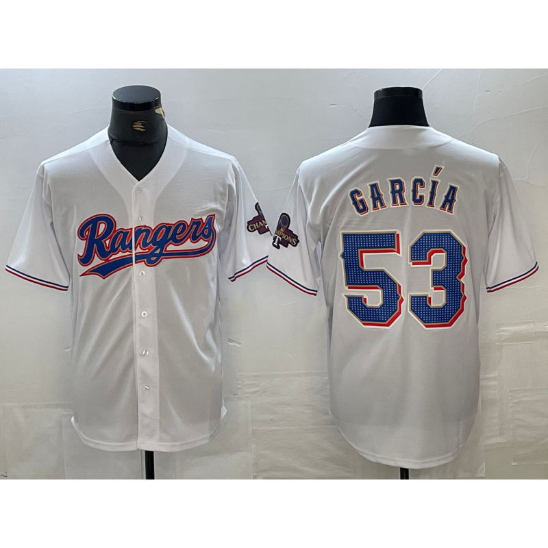 Texas Rangers #53 Adolis Garcia White Fotopoulosg 2023 World Series Champions Cool Base Jersey
