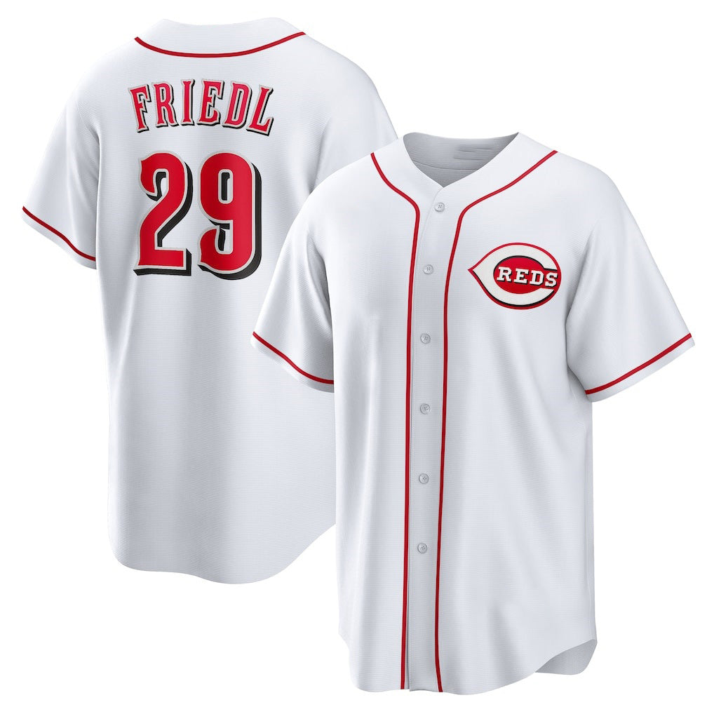 Cincinnati Reds #29 TJ Friedl White Fotopoulosg Home Replica Jersey