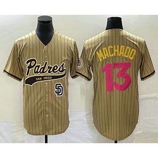San Diego Padres #13 Manny Machado Tan Fotopoulosg Pinstripe 2023 City Connect Cool Base Stitched Jersey