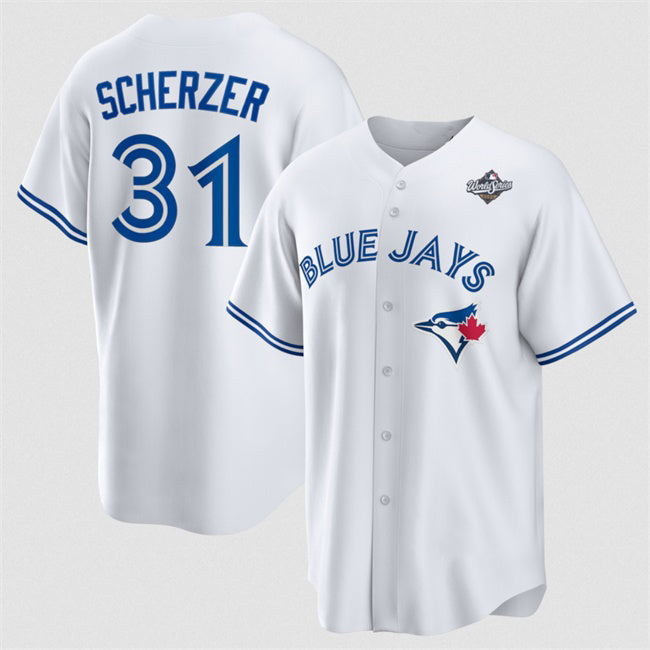 Toronto Blue Jays #31 Max Scherzer White Fotopoulosg 2025 World Series Home Cool Base Stitched Jersey