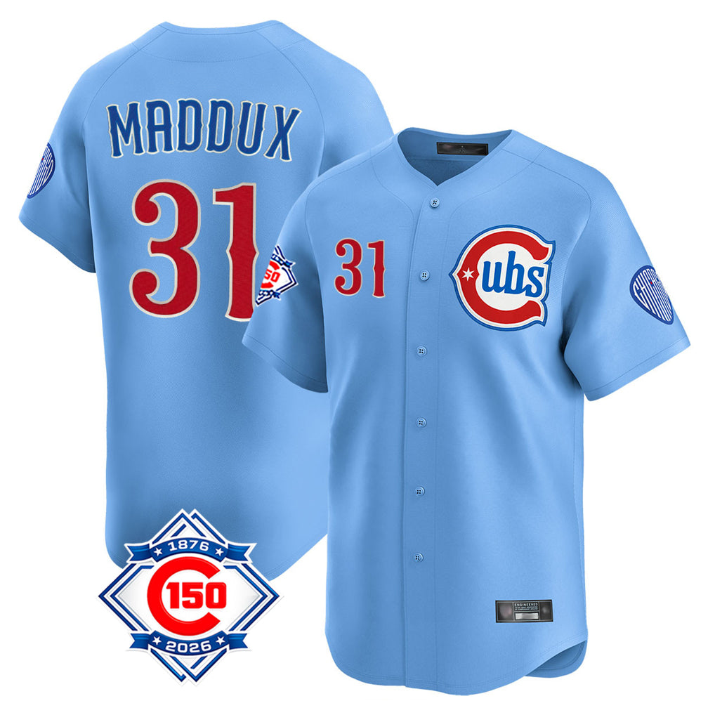 Chicago Cubs #31 Greg Maddux Player Light Blue Fotopoulosg 150th Anniversary Limited Home Stitched Jerseys