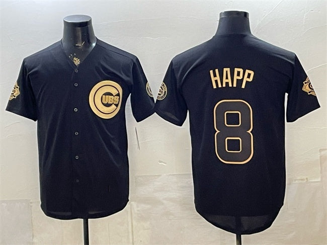 Chicago Cubs #8 lan Happ Black Gold Fotopoulosg 150th Anniversary Patch Stitched Jersey