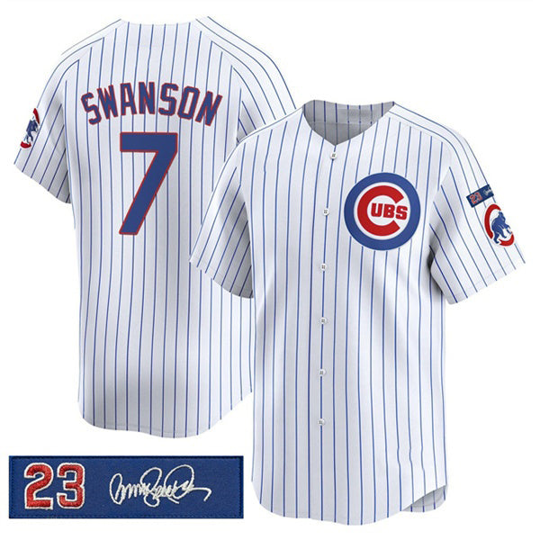 Chicago Cubs #7 Dansby Swanson White Fotopoulosg Pinstripe 'Ryne Sandberg Tribute' Vapor Limited V3 Stitched Jersey