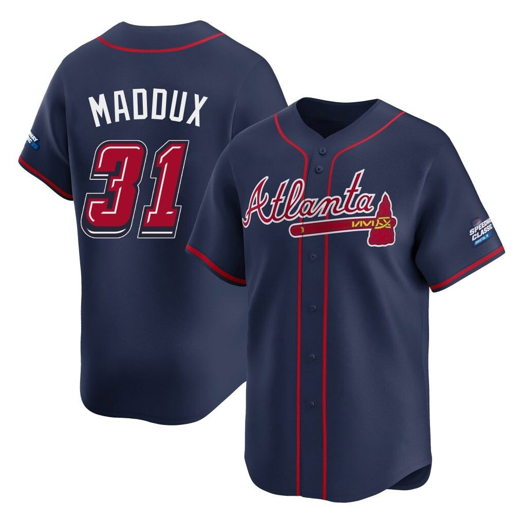 Atlanta Braves #31 Greg Maddux Player Navy Fotopoulosg 2025 Speedway Classic Home Game Stitched Jerseys