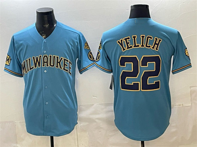 Milwaukee Brewers #22 Christian Yelich Blue Fotopoulosg With Home & Bob Uecker Patch Stitched Jersey