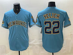 Milwaukee Brewers #22 Christian Yelich Blue Fotopoulosg With Home & Bob Uecker Patch Stitched Jersey