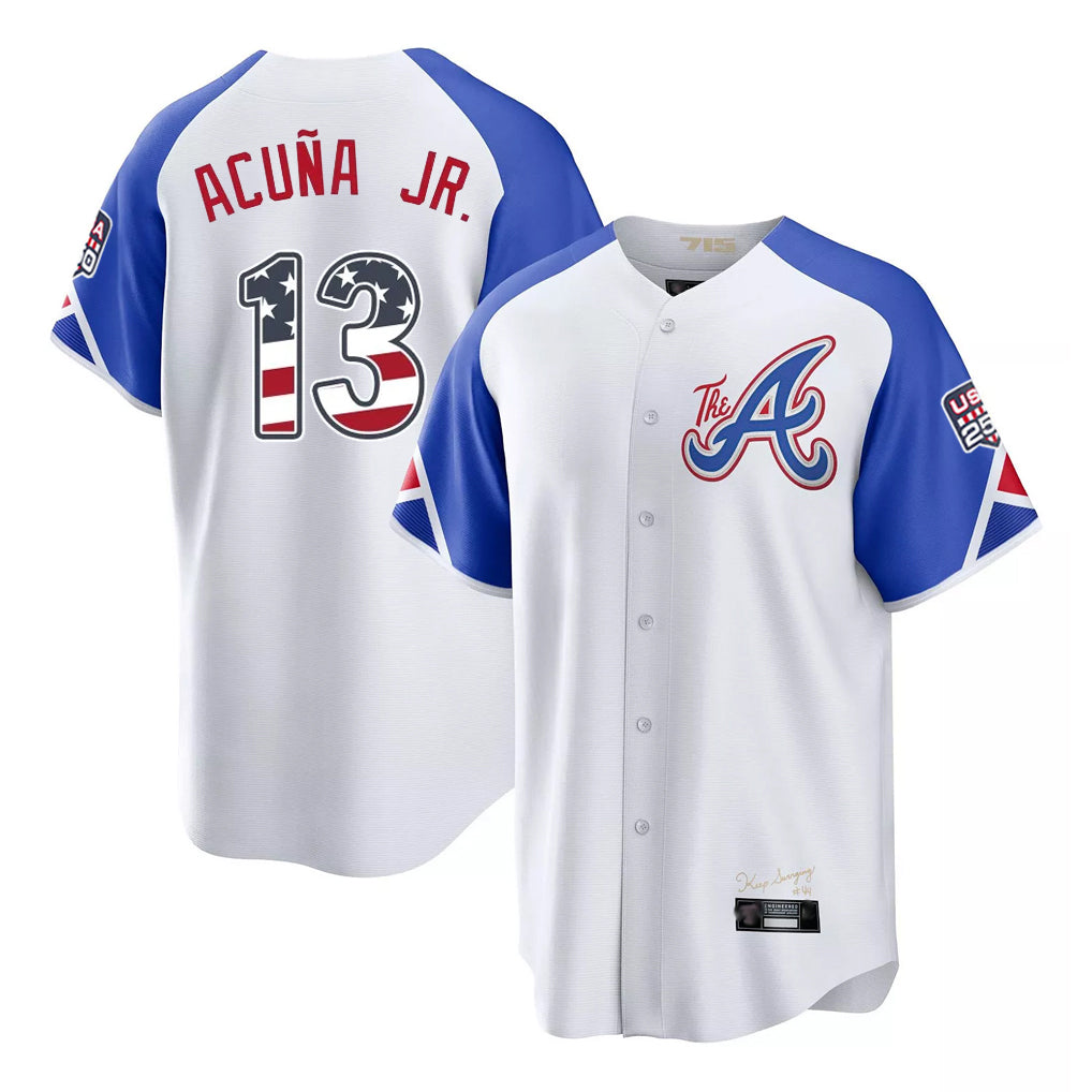 Atlanta Braves #13 Ronald Acuna Jr Player White Fotopoulosg USA 250 Fourth Of July City Connect Home Game Stitched Jerseys