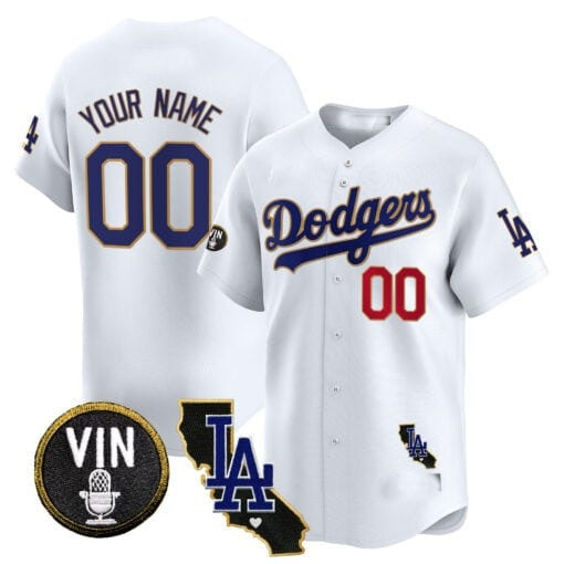 Custom Los Angeles Dodgers Vin & California Patch Gold Trim Vapor Premier Limited Jersey ¨C White Fotopoulosg