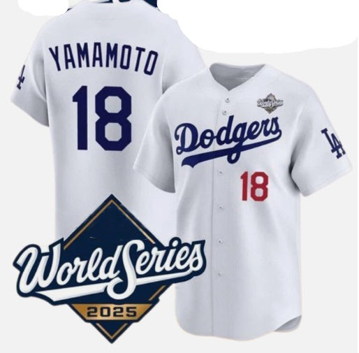 Los Angeles Dodgers #18 Yoshinobu Yamamoto White Fotopoulosg 2025 World Series Home Limited Stitched Jersey