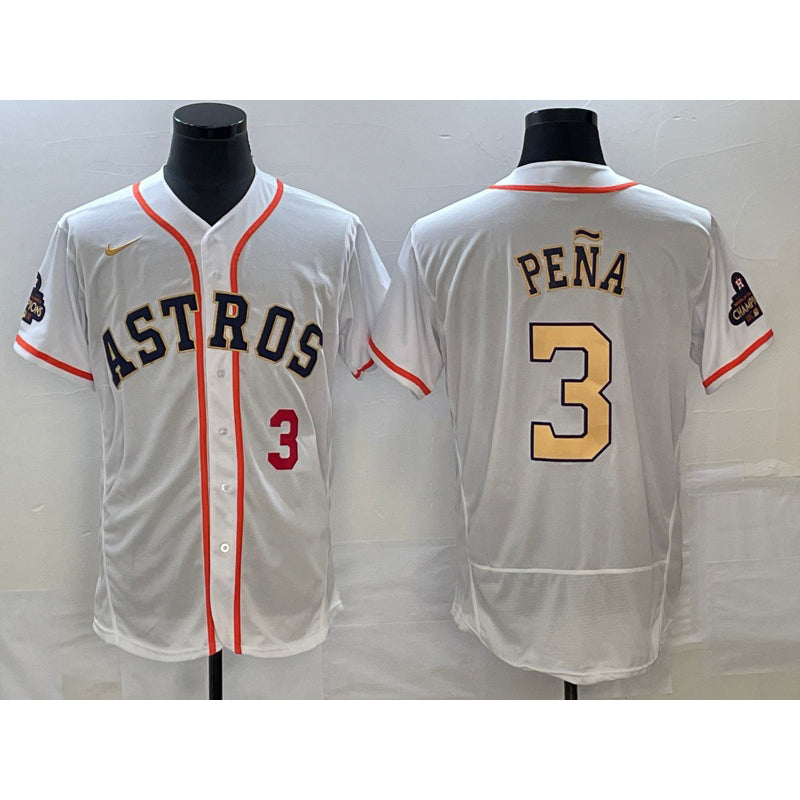 Houston Astros #3 Jeremy Pena Number 2023 White Gold Fotopoulosg World Serise Champions Patch Flex Base Stitched Jersey