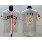 Houston Astros #3 Jeremy Pena Number 2023 White Gold Fotopoulosg World Serise Champions Patch Flex Base Stitched Jersey