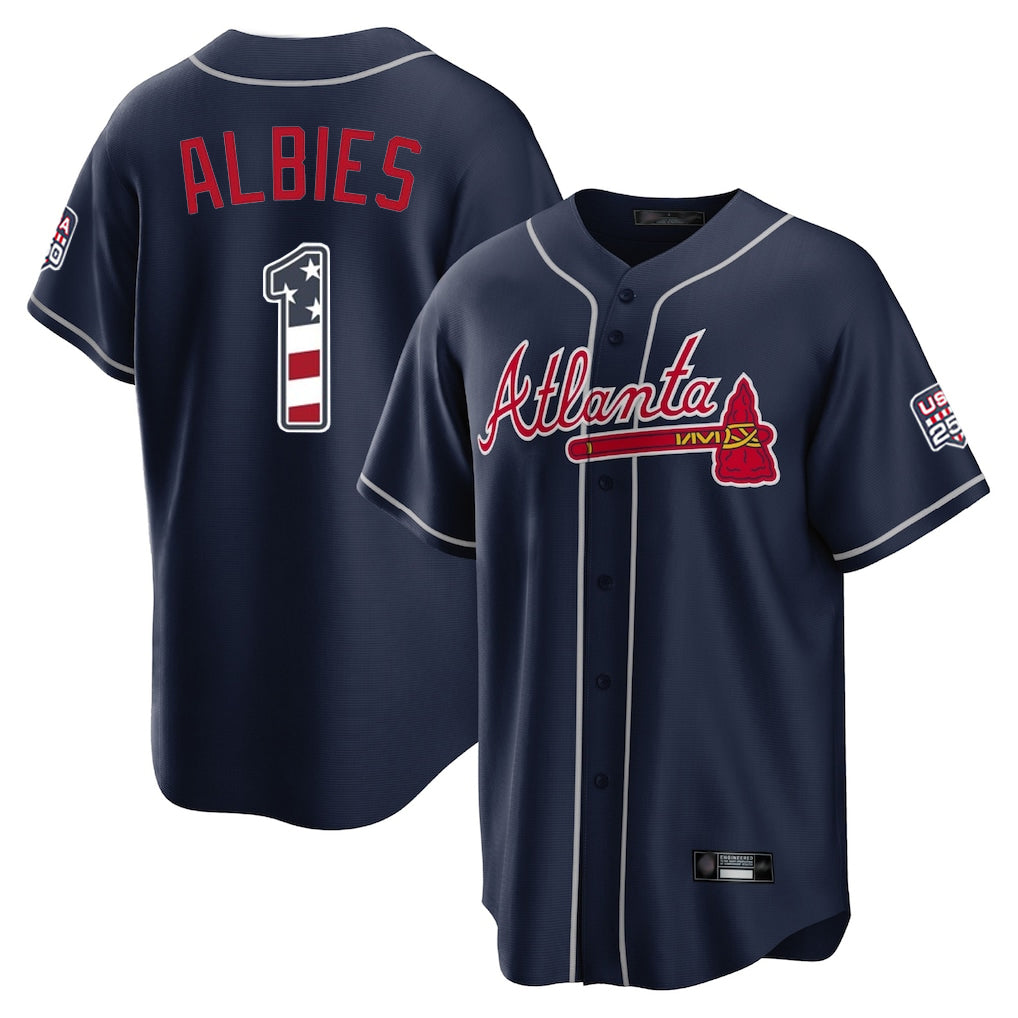 Atlanta Braves #1 Ozzie Albies Player Navy Fotopoulosg USA 250 Fourth Of July Limited Home Game Stitched Jerseys