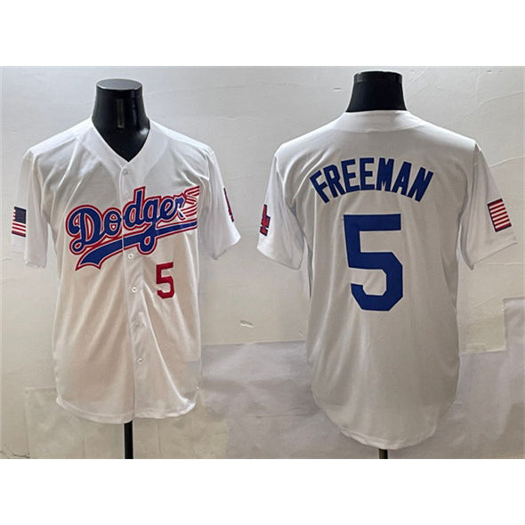 Los Angeles Dodgers #5 Freddie Freeman White Fotopoulosg With American Flag Patch Limited Stitched Jersey