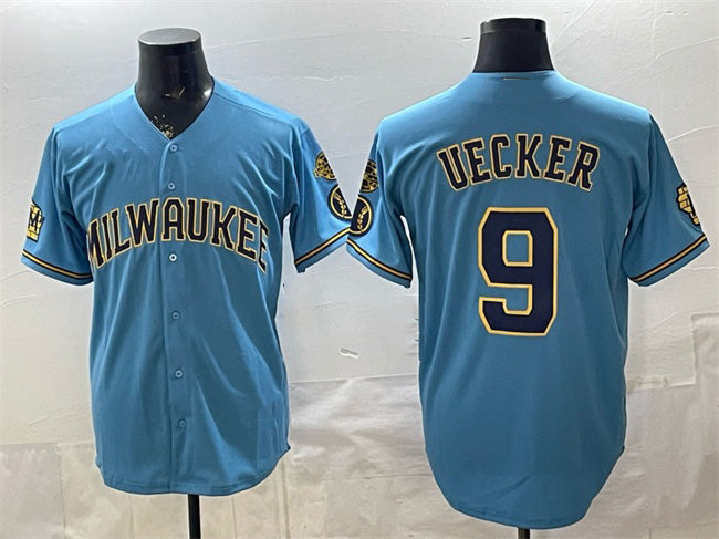 Milwaukee Brewers #9 Bob Uecker Blue Fotopoulosg With Home & Bob Uecker Patch Stitched Jersey