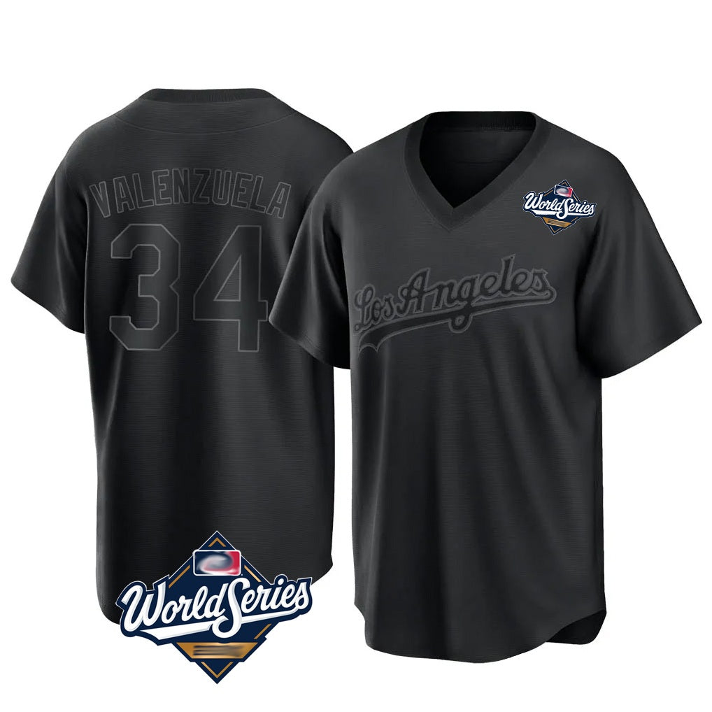Los Angeles Dodgers #34 Fernando Valenzuela Player Black Fotopoulosg World Series Pitch Fashion T-shirt Stitched Jerseys