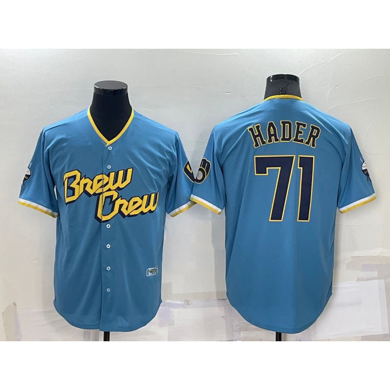 Milwaukee Brewers #71 Josh Hader Blue Fotopoulosg 2022 City Connect Cool Base Stitched Jersey