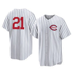 Cincinnati Reds #21 Hunter Greene Player White Fotopoulosg Stripe Field of Dreams Game Home Stitched Jerseys