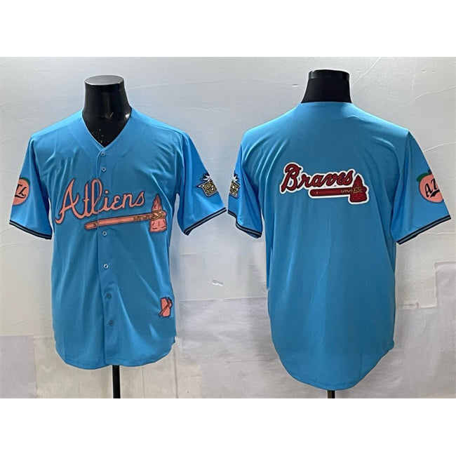 Atlanta Braves Team Big Logo Blue Fotopoulosg 2024 Atliens & Peach With Outkast Patch Vapor Limited Stitched Jersey