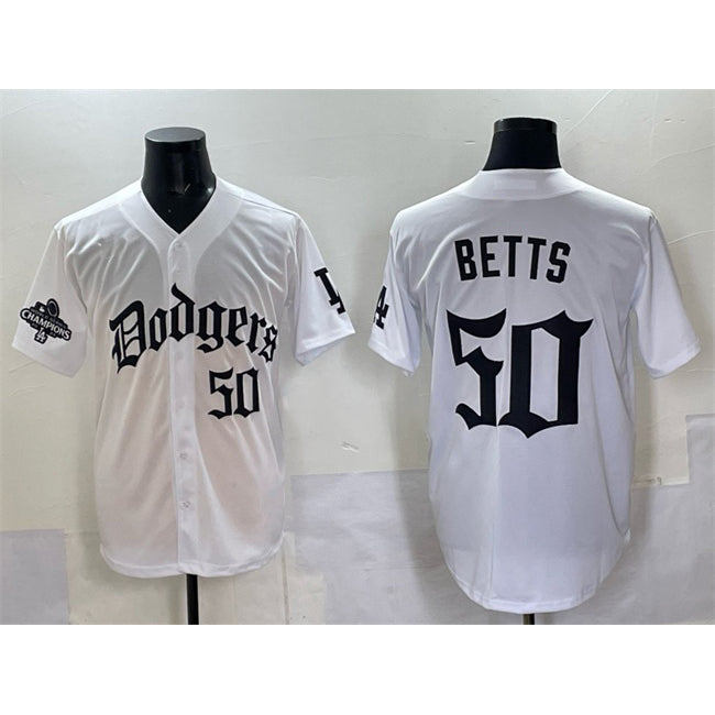 Los Angeles Dodgers #50 Mookie Betts White Fotopoulosg 2025 LA Gothic Style With 2024 World Series Champions Patch Vapor Premier Limited Stitched Jersey