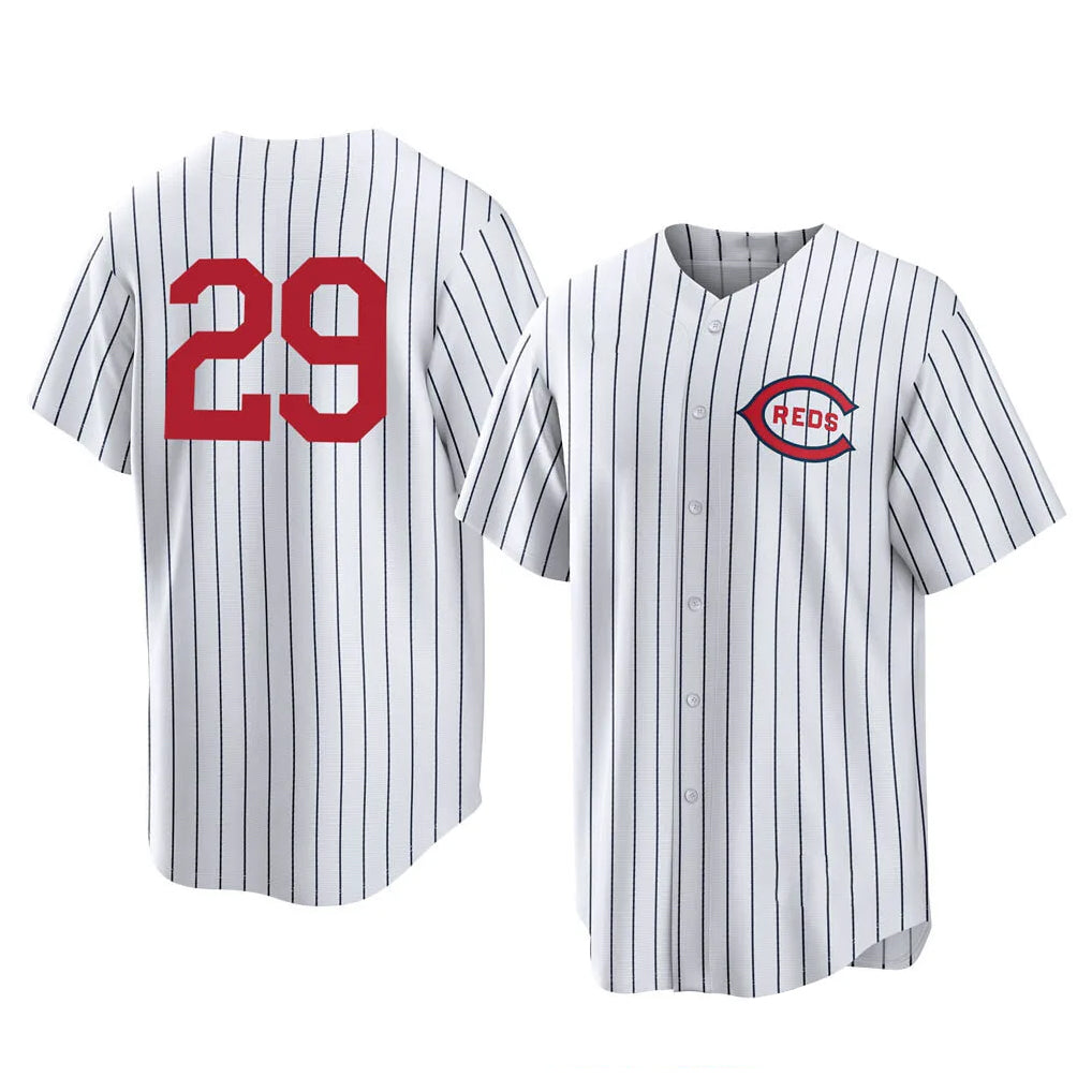 Cincinnati Reds #29 TJ Friedl Player White Fotopoulosg Stripe Field of Dreams Game Home Stitched Jerseys