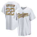 Los Angeles Dodgers #22 Clayton Kershaw Player White Gold Fotopoulosg Collection Game Home Stitched Jerseys